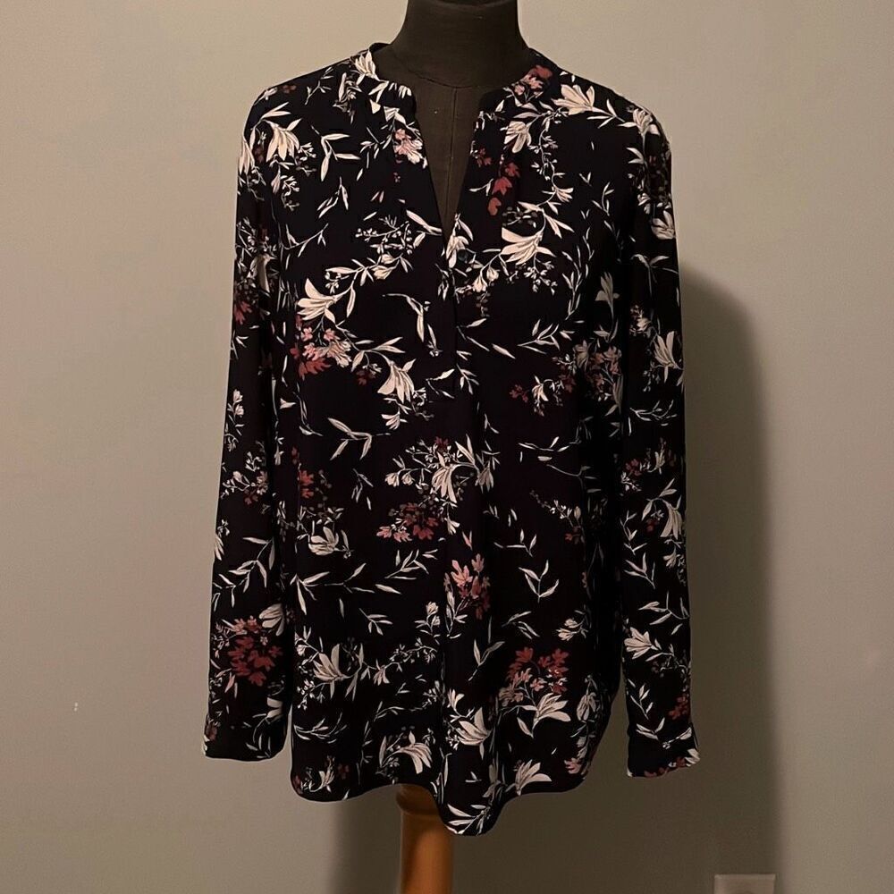 Hilary Radley Womens Split Neck Floral Long Sleeve Tunic Blouse